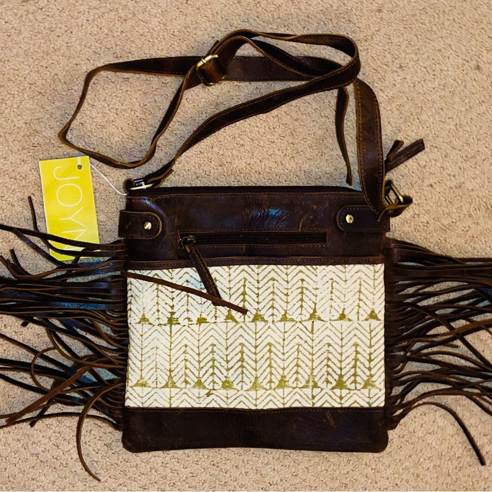JOYN Genuine Leather & Canvas Handmade Western Purse w/fringes New NWT